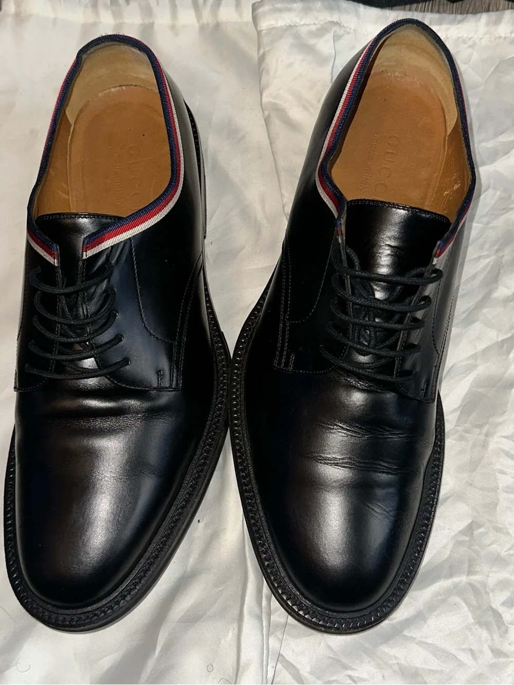 GUCCI Black Leather Navy Signature Web Lace-up Dress Shoes Size 10